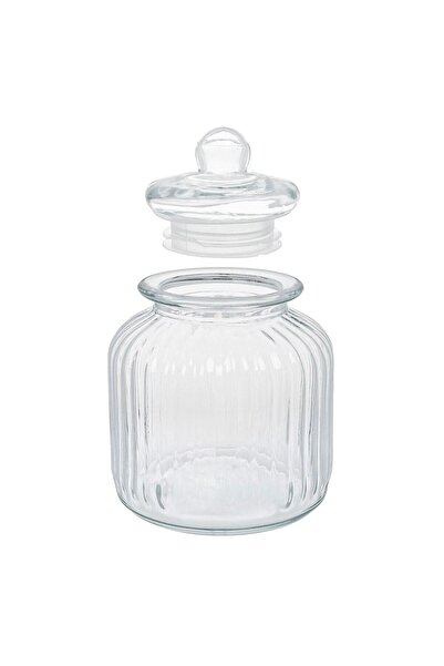 OEM Transparent Glass Candy Jar with Striped Embossed Design and Lid 3lt