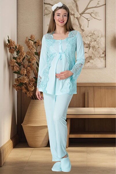 Lohussa Women's Turquoise Shawl Collar Lace Embroidered Special Design Maternity Pajamas Nightgown Dressing Gown Set 4-Piece Set