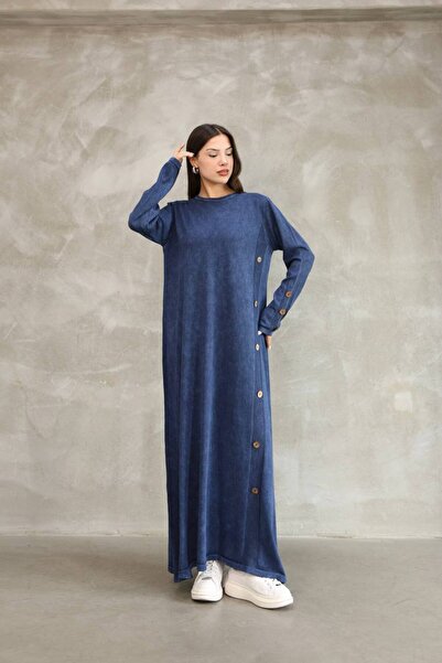 AYASOFYA OTANTIK Жіноче синє плаття з круглим коміром, прямим кроєм, ґудзиками та деталями в стилі «ескідж» з бавовняної трикотажної тканини