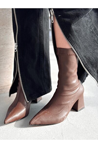 I Love Shoes Nysea Kadın Topuklu Streç Bot Kahverengi Mat Deri