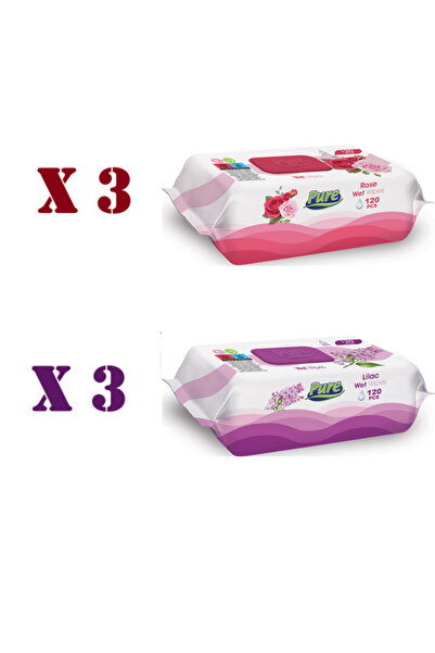 Pure x 6 Pachet servetele umede Pure. 3x Rose, 3x liliac