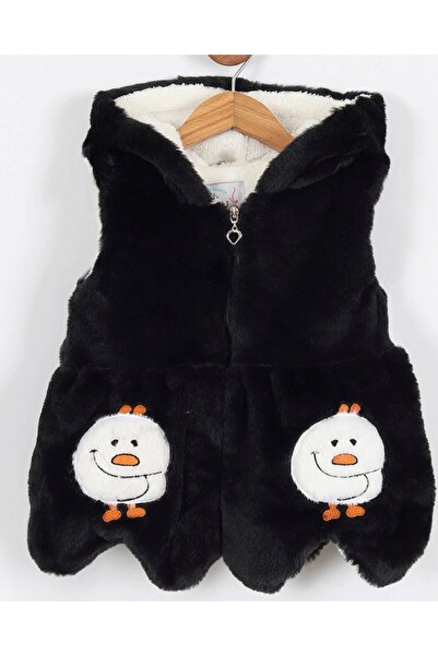 Ege Bebek Girl's 3-4-5-6-7 Years Old Cute Figure Embroidered Hooded Zippered Plush Girl's Vest