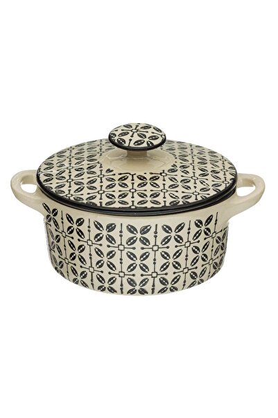 OEM Beige Porcelain Bowl with Black Patterns & Lid for Soup 700ml