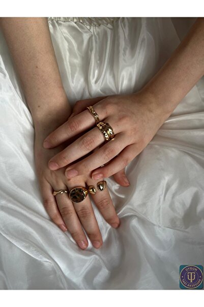uyguntakıaksesuar Gold Kadın Yüzük Seti – 5’li Kombin, Paslanmaz Çelik, Modern ve Zarif Tasarım