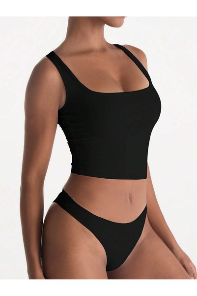 Liona Set de lenjerie bustieră, simplu, fără model, fără imprimeu culori negre, decolteu pătrat bretele, crop bile