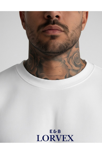 LORVEX E&B Baskı Pulover unisex supradimensionat din bumbac cu gât rotund tricou