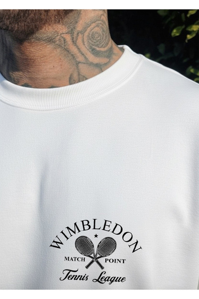 LORVEX Λευκό φούτερ Unisex με στάμπα Wimbledon και λαιμόκοψη oversize
