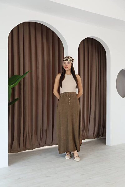 AYASOFYA OTANTIK Women's Brown Button Detailed Elastic Waist Plain Pattern Pocketed Vintage Detail Cotton Knit Skirt