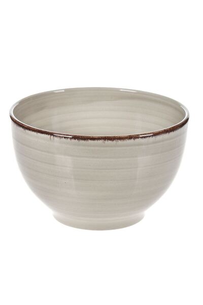 OEM Beige Ceramic Bowl with Horizontal Stripes & Brown Rim 850ml