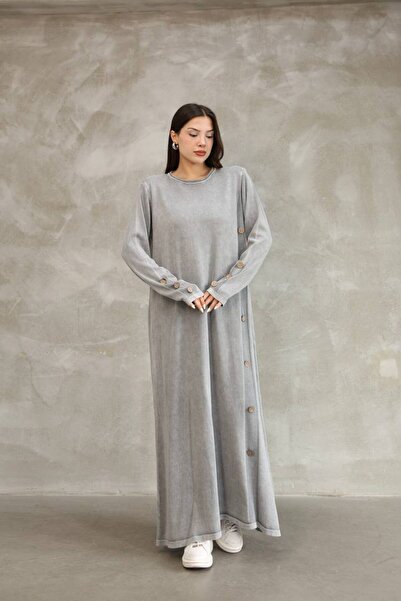 AYASOFYA OTANTIK Women's Gray Round Neck Plain Pattern Button and Distressed Detail Loose Cotton Long Knit Dress