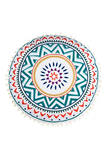 OEM Perna Decorativa Rotunda Alba cu Forme Geometrice Colorate & Pompon Ecru ...