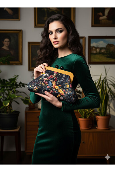 mk bags Frida Kahlo Temalı Sanat Baskılı Ahşap Kilitli Özel Tasarım Kadife Ab...