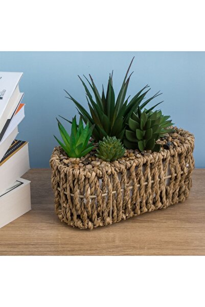 OEM Oval Straw Pot with Artificial Plants 19x8x17cm