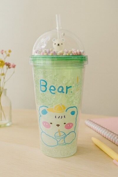 Lexi Bella Cute Colorful Beaded Luck Bear Design Drinking Cup with Straw for Children Water Bottle Green 2093