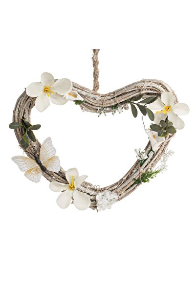 OEM Decorative Hanging Heart Made of White Washed Wood with Flowers & Butterflies 22x2.5x19cm