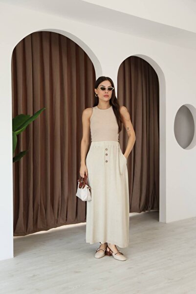 AYASOFYA OTANTIK Women's Beige Button Detailed Elastic Waist Plain Pattern Pocketed Vintage Detail Cotton Knit Skirt