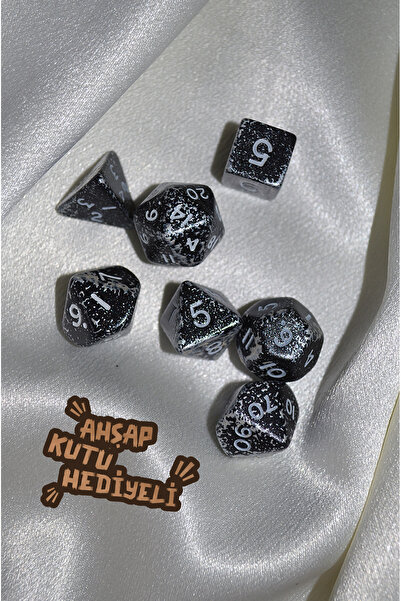 DiceLand Siyah El Yapımı DND Zar Seti – DiceLand, 7’li RPG Zarları + Ahşap Ku...