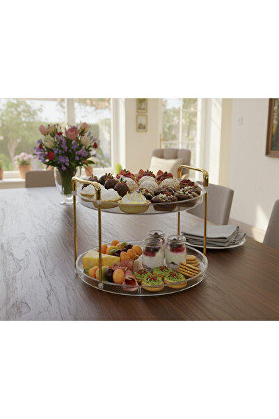 Cozy Nest 2-Tier Round Fruit Serving Tray with Gold Handles Cake Stand for Serving Food, Drinks, Pastry