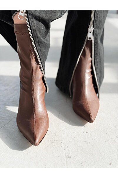 I Love Shoes Nysea Kadın Topuklu Streç Bot Kahverengi Mat Deri