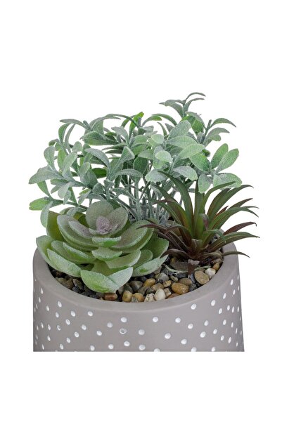 OEM Decorative Cement Pot Taupe Polka Dots with Artificial Plants & Pebbles Ø12x17cm