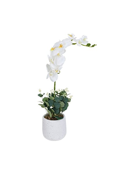 OEM Ghiveci Decorativ Alb Ceramic cu Floare Artificiala Orhidee Alba Ø13x54cm