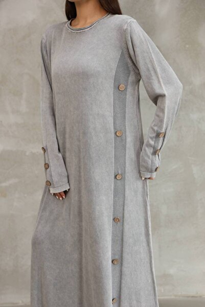 AYASOFYA OTANTIK Women's Gray Round Neck Plain Pattern Button and Distressed Detail Loose Cotton Long Knit Dress