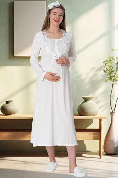 Lohussa Women's Ecru Shawl Collar Lace Embroidered Special Design Maternity Pajamas Nightgown Dressing Gown Set 4-Piece Set