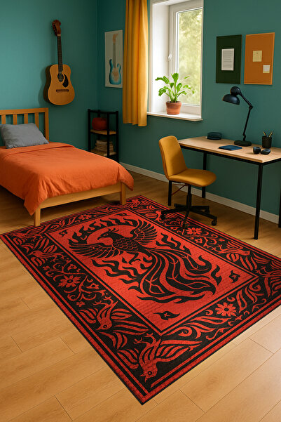 Rugs Modern Halı Mosso Red Themed Phoenix Figure Patterned Woven Base Modern ...