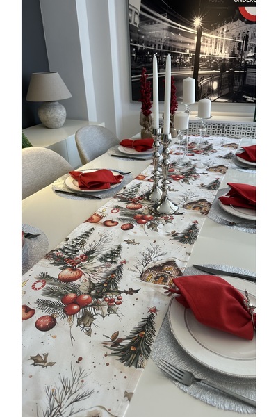 Decamor home New Year Winter Themed Ecru Red Runner Christmas Runner 1 Piece (Not Including Napkin)
