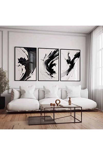 PAM STUDIO Siyah Beyaz Modern Soyut 3’lü Poster Seti - Fırça Darbeli Minimal ...