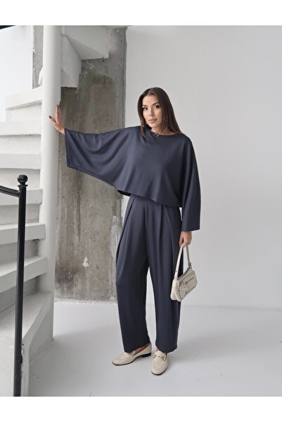 Paw Garage Women's Lyra Modal Batwing Sleeve Blouse- Pleated Baggy Pants Set, Top and Bottom Set