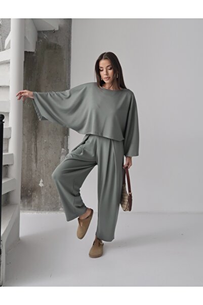 Paw Garage Women's Lyra Modal Batwing Sleeve Blouse- Pleated Baggy Pants Set, Top and Bottom Set