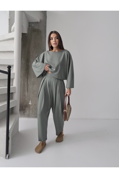 Paw Garage Women's Lyra Modal Batwing Sleeve Blouse- Pleated Baggy Pants Set, Top and Bottom Set