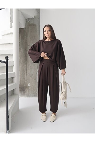 Paw Garage Women's Lyra Modal Batwing Sleeve Blouse- Pleated Baggy Pants Set, Top and Bottom Set