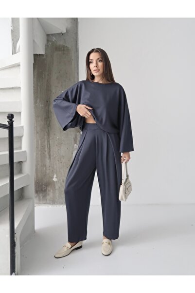 Paw Garage Women's Lyra Modal Batwing Sleeve Blouse- Pleated Baggy Pants Set, Top and Bottom Set