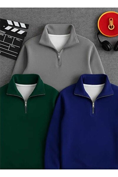 blackbonds 3 LU Dik Yakalı Fermuarlı Oversize Unisex Sweatshirt 2iplik şardonlu