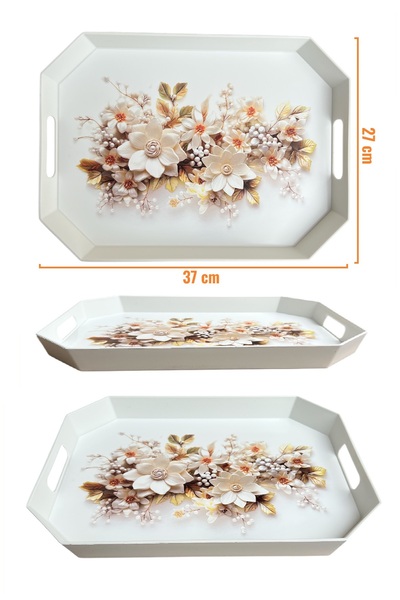 EZMK EV GEREÇLERİ Tea Coffee Presentation Tray, White Color, 8 Corners, 1 Piece, 37X27 cm