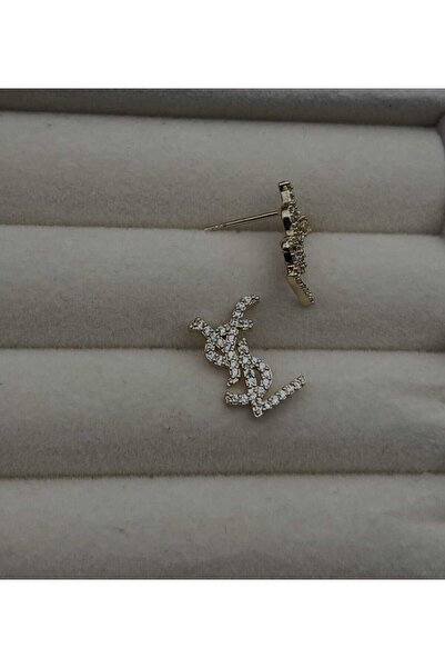 N&V AKSESUAR YSL YAZILI IŞILTILI ALTIN RENK ÇELİK KÜPE