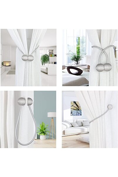zola Set of 2 decorative magnets for curtains and drapes, textile, 49 cm, silver, silver-coloured