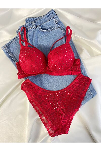 Gold Night طقم ملابس داخلية نسائية من الدانتيل بتفاصيل حجرية ودعامة مبطنة ومحشوة