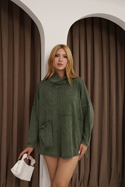 AYASOFYA OTANTIK Γυναικείο πουλόβερ με μισό ζιβάγκο χακί με τσέπες, αντίκες λεπτομέρειες, χαλαρό, υπερμεγέθη, βαμβακερό πλεκτό πουλόβερ