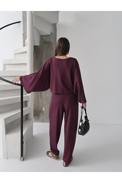 Paw Garage Women's Lyra Modal Batwing Sleeve Blouse- Pleated Baggy Pants Set, Top and Bottom Set