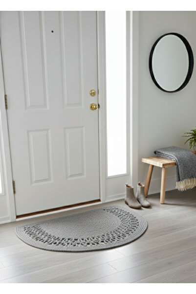HomeTurko Homeaura Natural Jute Door Mat Half Hand-Knitted Wicker Front Door Bathroom Kitchen Balcony Rug