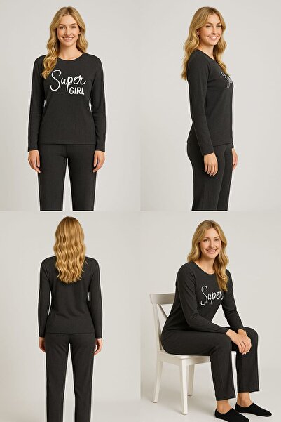 enmodaiçgiyim Anthracite Striped Women's Pajama Set – Long Sleeves, Comfortable Fit, Soft Fabric, Stretchy