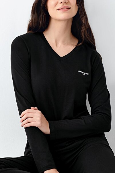 Pierre Cardin Büyük Beden Kadın V Yaka Modal Pamuklu 4 Mevsim Kumaş Uzun Kollu Pijama Takım