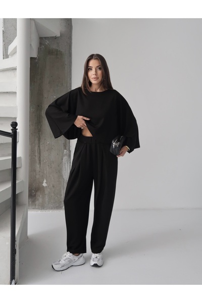 Paw Garage Women's Lyra Modal Batwing Sleeve Blouse- Pleated Baggy Pants Set, Top and Bottom Set