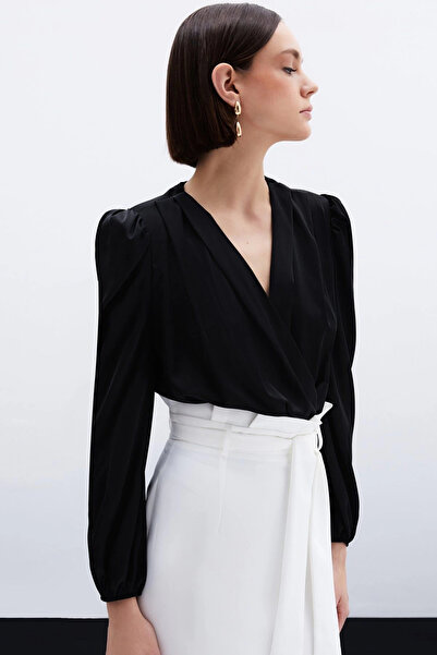 Sateen Bluză body din satin cu două piepte - neagră