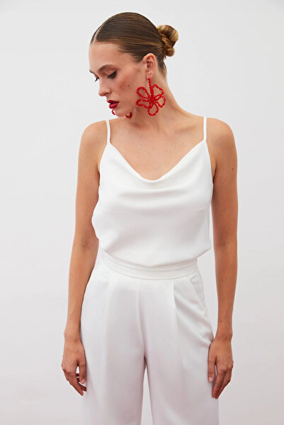 Sateen decolteu larg Bluză din satin - EKRU