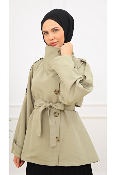Genel Markalar Kadın Kuşaklı Düğmeli Kısa Trençkot | Yüksek Yaka Biker Tarz Rüzgarlık Model Trençkot Ceket