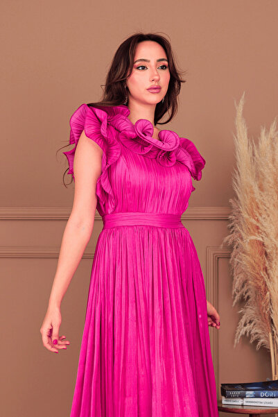 BEYBOS Şifon Kumaş Tek Kol Abiye Elbise - FUŞYA